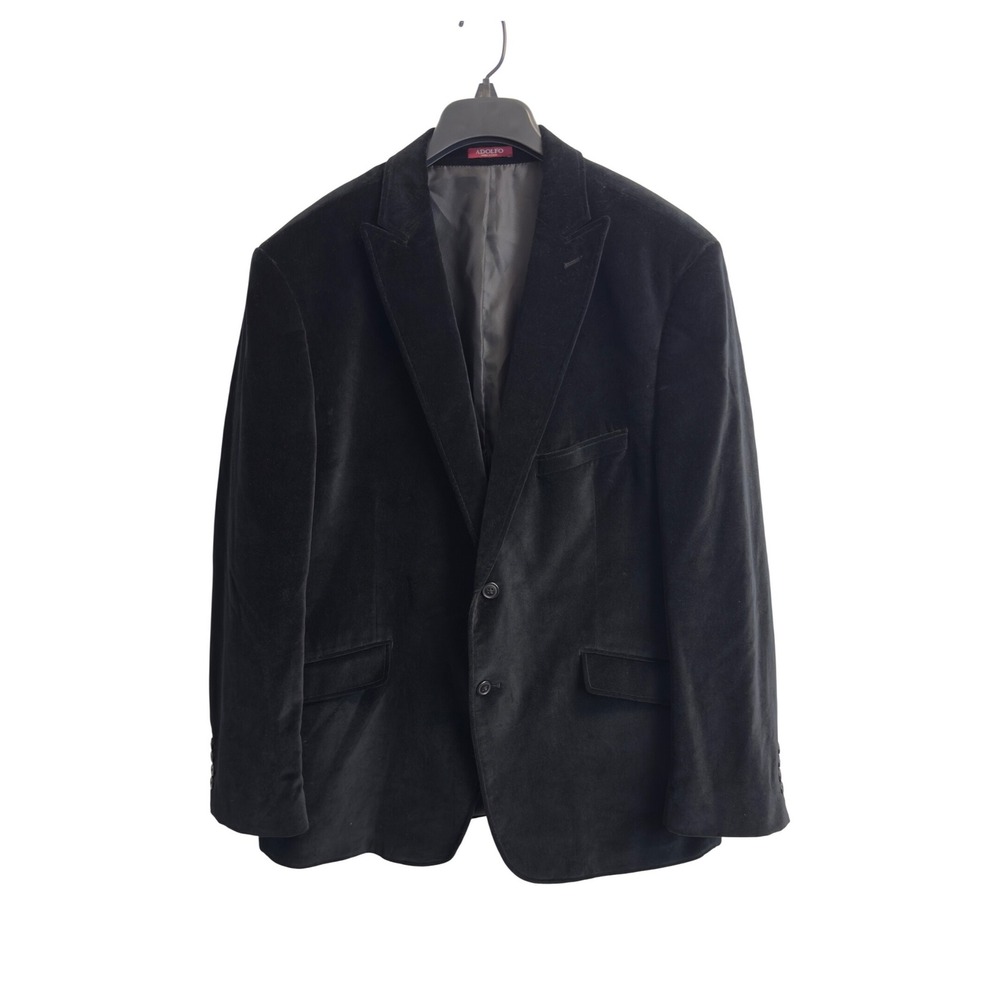 Adolfo Mens Black Velvet Blazer 46R Two Button Cotton Sport Coat Jacket